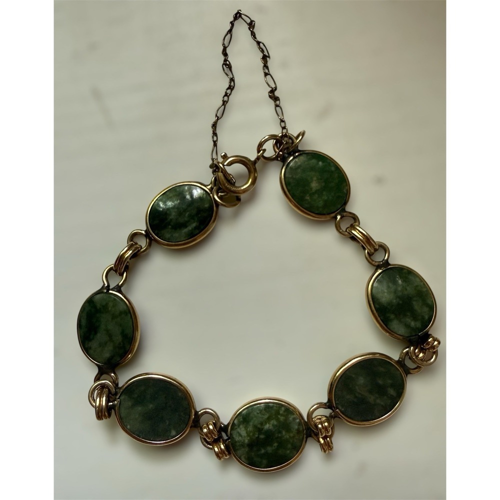 VINTAGE ESTATE 12K GF Gold Filled Jade Jadeite Bracelet 6.75" Safety Chain